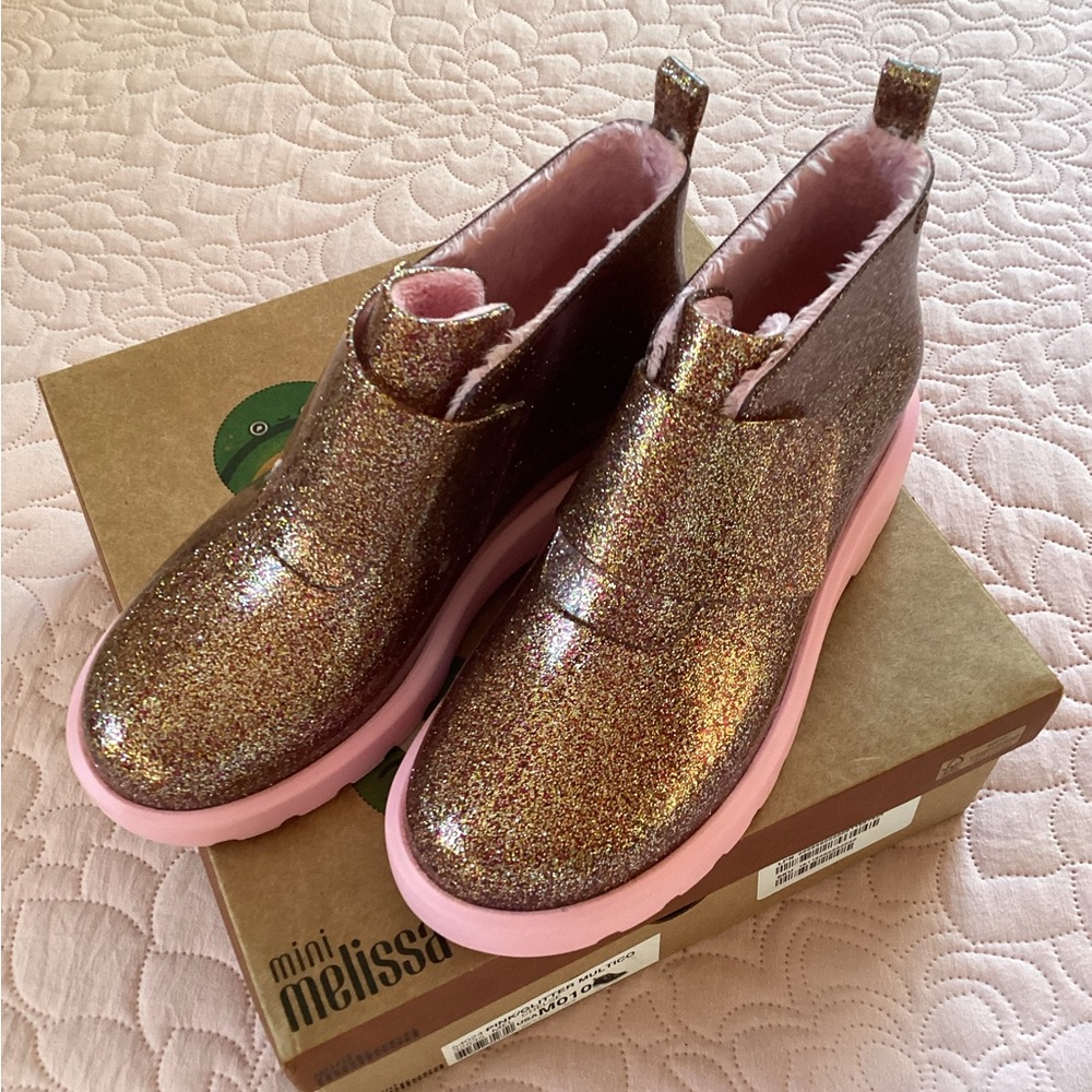 Mini Melissa Kids Glitter Boots - Gold and Pink
